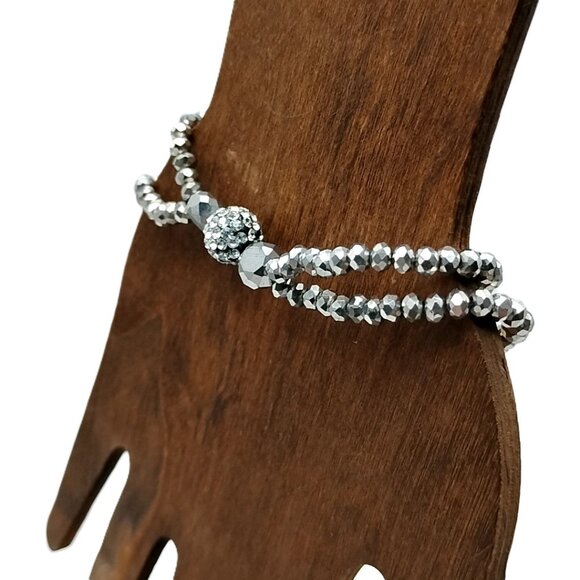 Liz Claiborne Silver Tone Double Strand Stretch Bracelet with Pave Crystal Bead - Picture 3 of 11